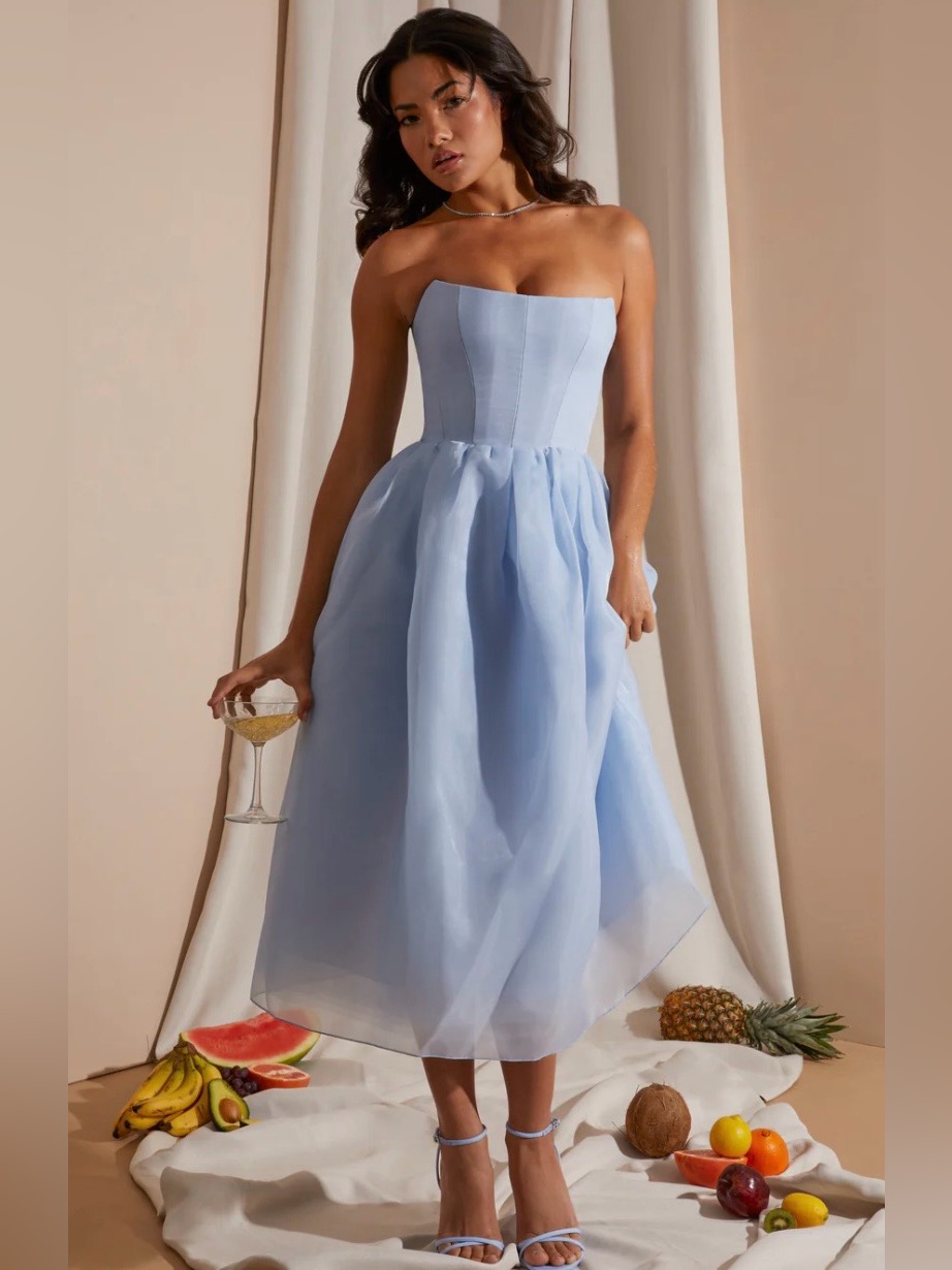 Oh Polly Marise Strapless Corset Tulle Midi Dress In Blue